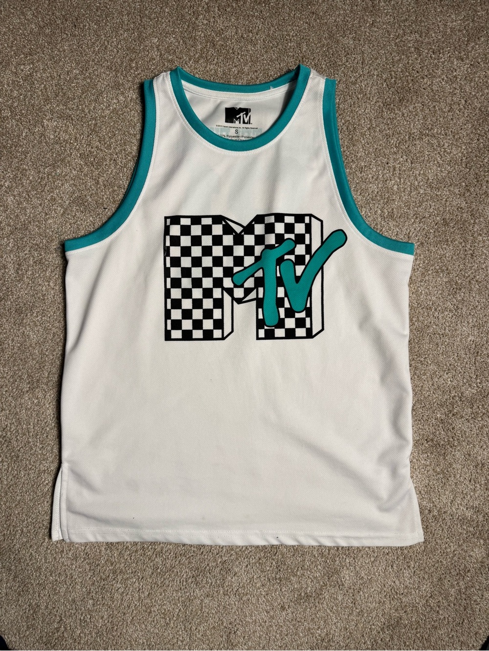 MTV White Tank Top with Teal Trim and Checkerboard Logo